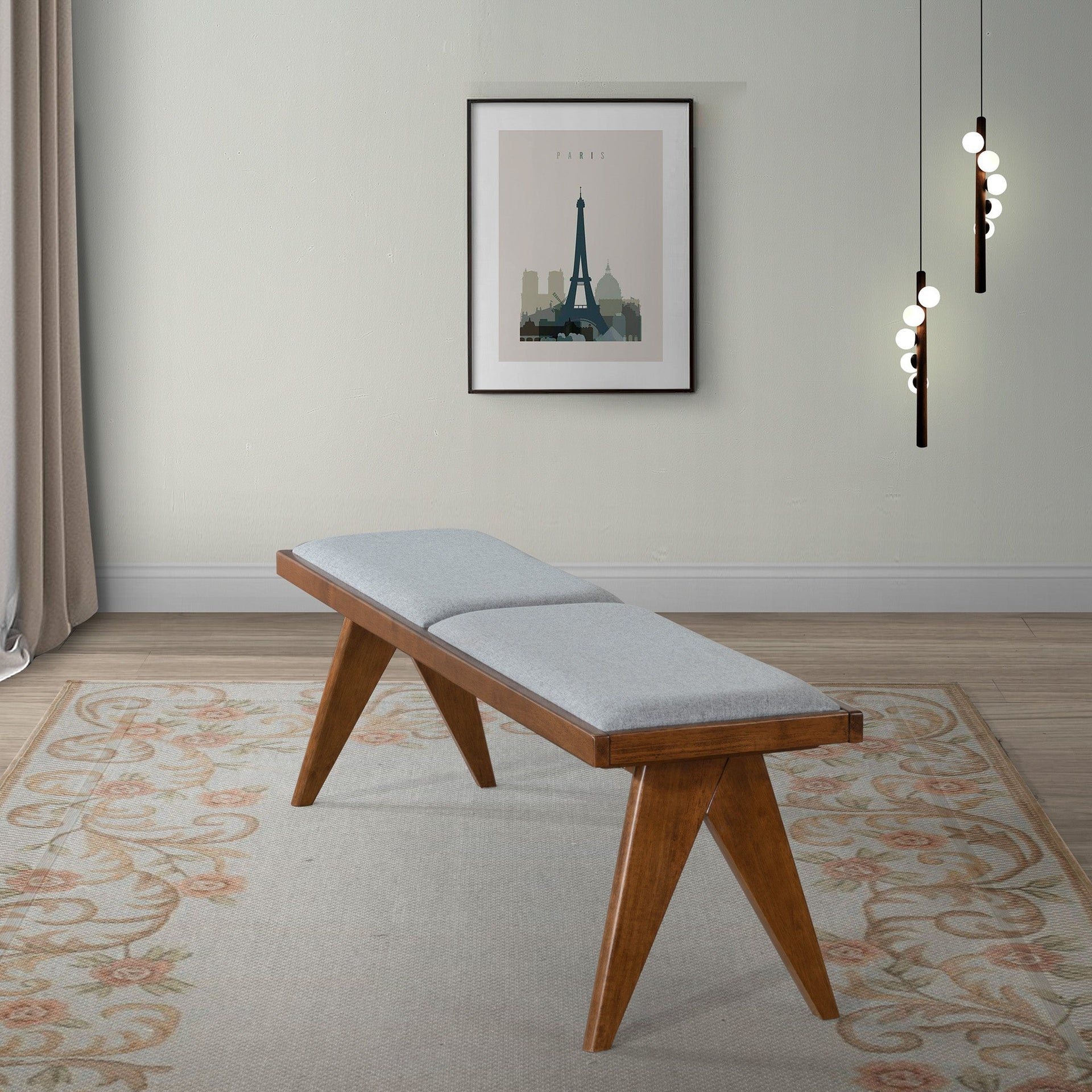 Keira Solid Wood Bench with Grey Fabric Upholstery and Walnut-Colored Legs, 51.18 x 14.17 inches