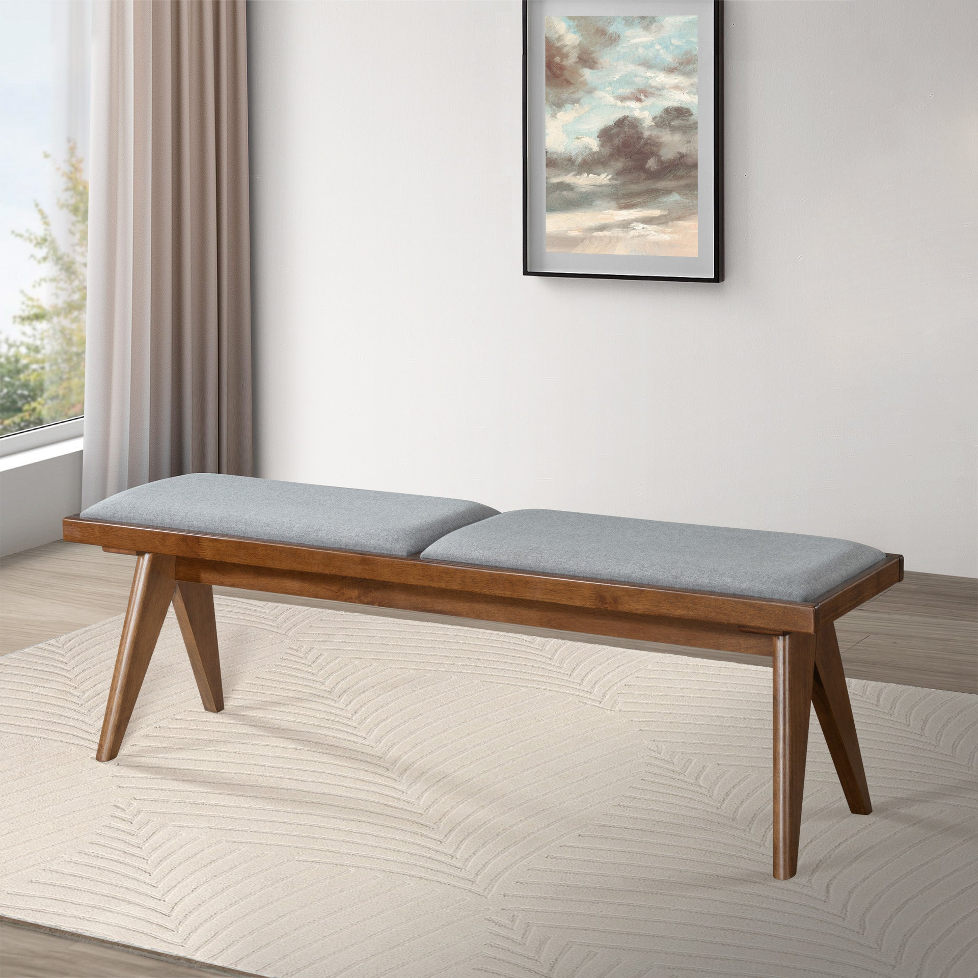 Keira Solid Wood Bench with Grey Fabric Upholstery and Walnut-Colored Legs, 51.18 x 14.17 inches