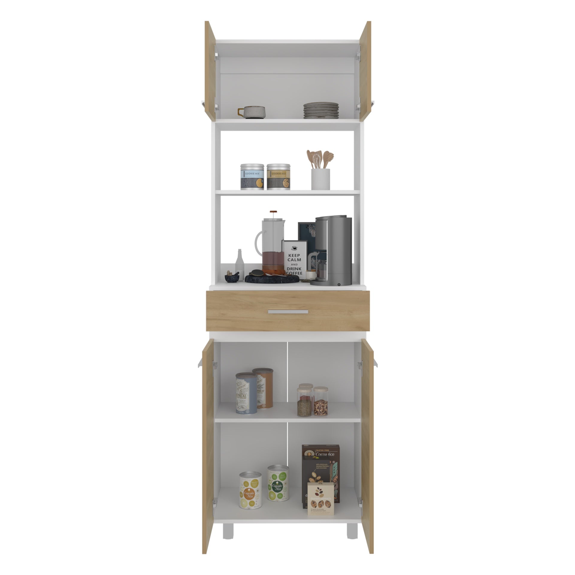 Sicilia Pantry Cabinet Freestanding Kitchen Storage Unit For Food, Dishes, Or Appliances, White/ Natural Oak