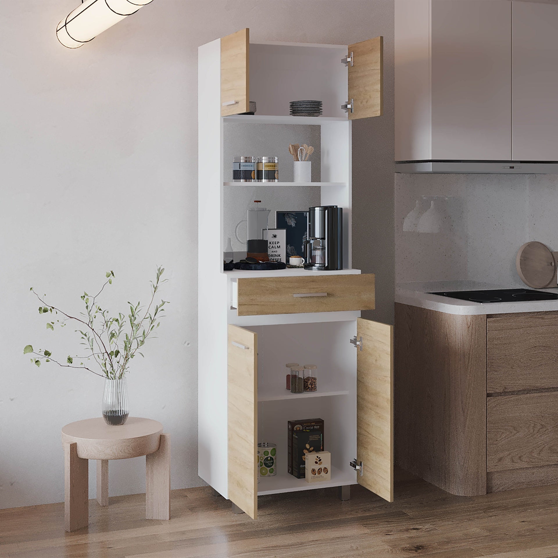 Sicilia Pantry Cabinet Freestanding Kitchen Storage Unit For Food, Dishes, Or Appliances, White/ Natural Oak