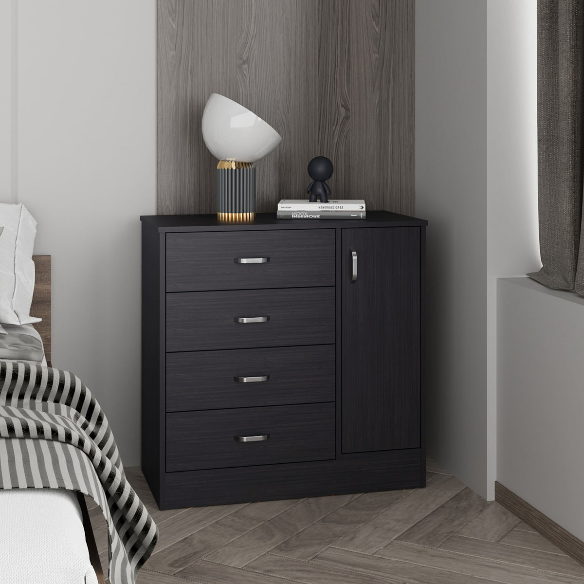 Katie Four Drawer, One Door Dresser With Spacious Storage, Modern Bedroom Organizer, Black