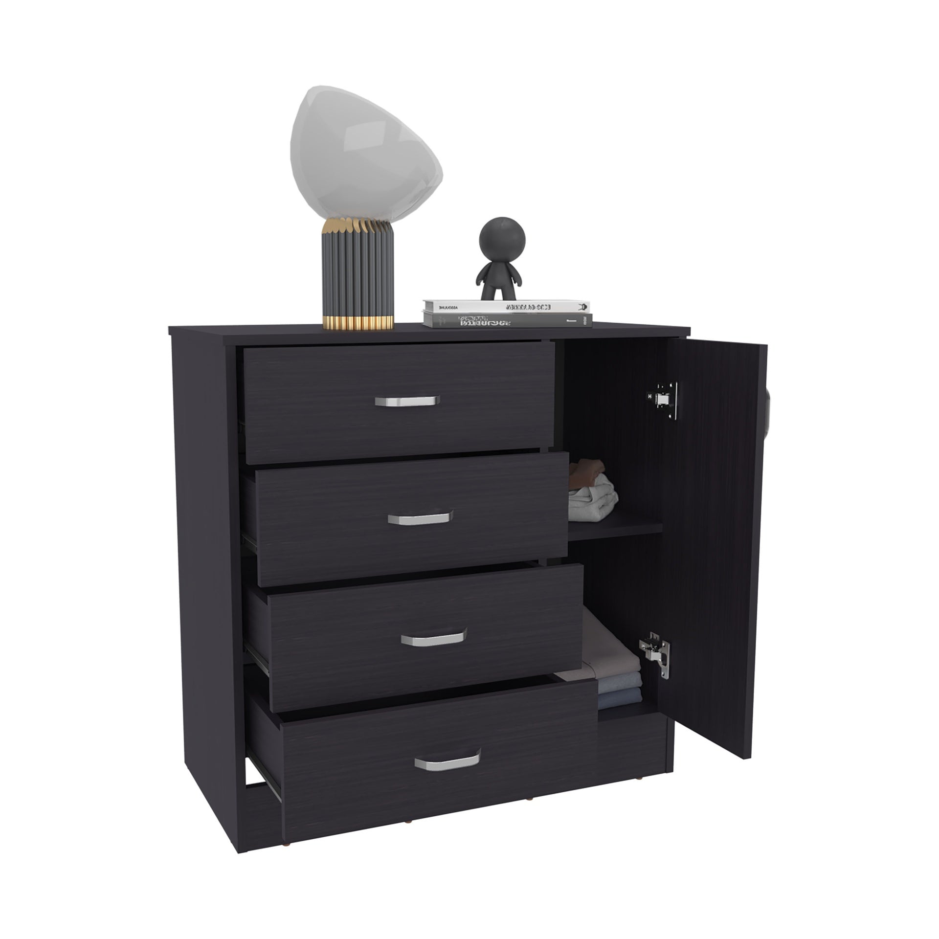 Katie Four Drawer, One Door Dresser With Spacious Storage, Modern Bedroom Organizer, Black