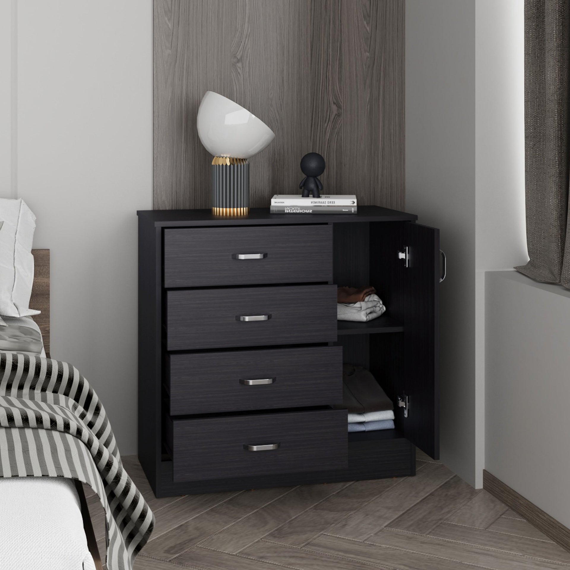 Katie Four Drawer, One Door Dresser With Spacious Storage, Modern Bedroom Organizer, Black