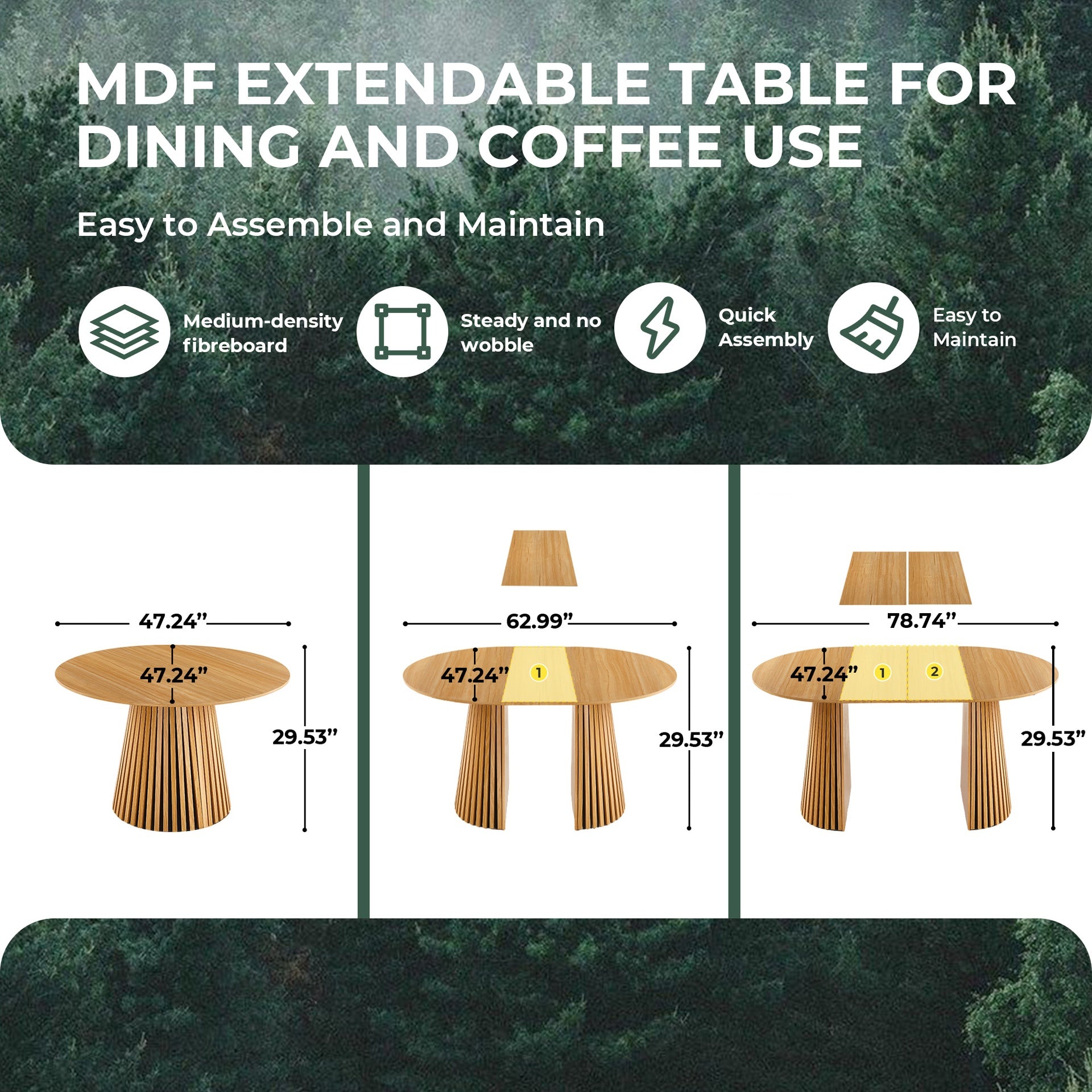 Extendable table Mid-Century Modern Pedestal Table, Multi-Functional Dining Table for 6-10 People & Large Coffee Table,47.24-78.74INCH LENGTH