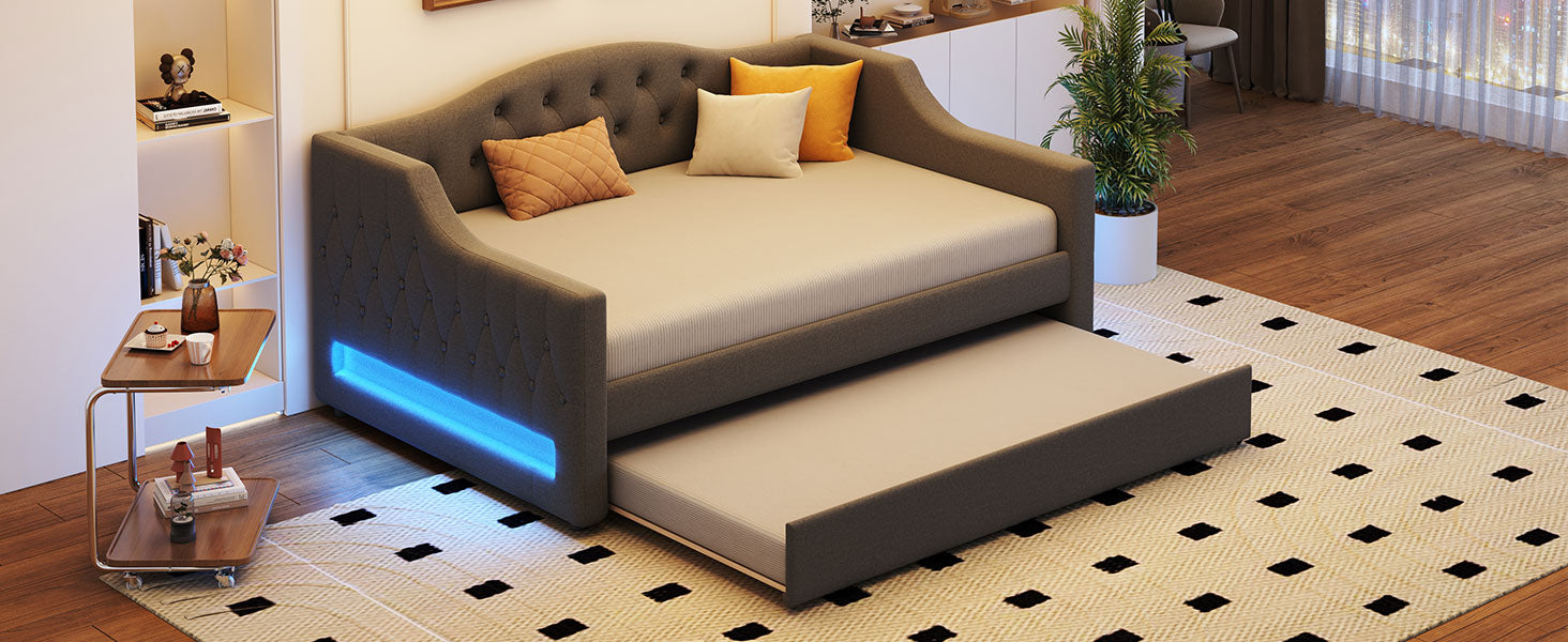 Upholstered Full XL Size Daybed with LED Belt and Trundle, Gray