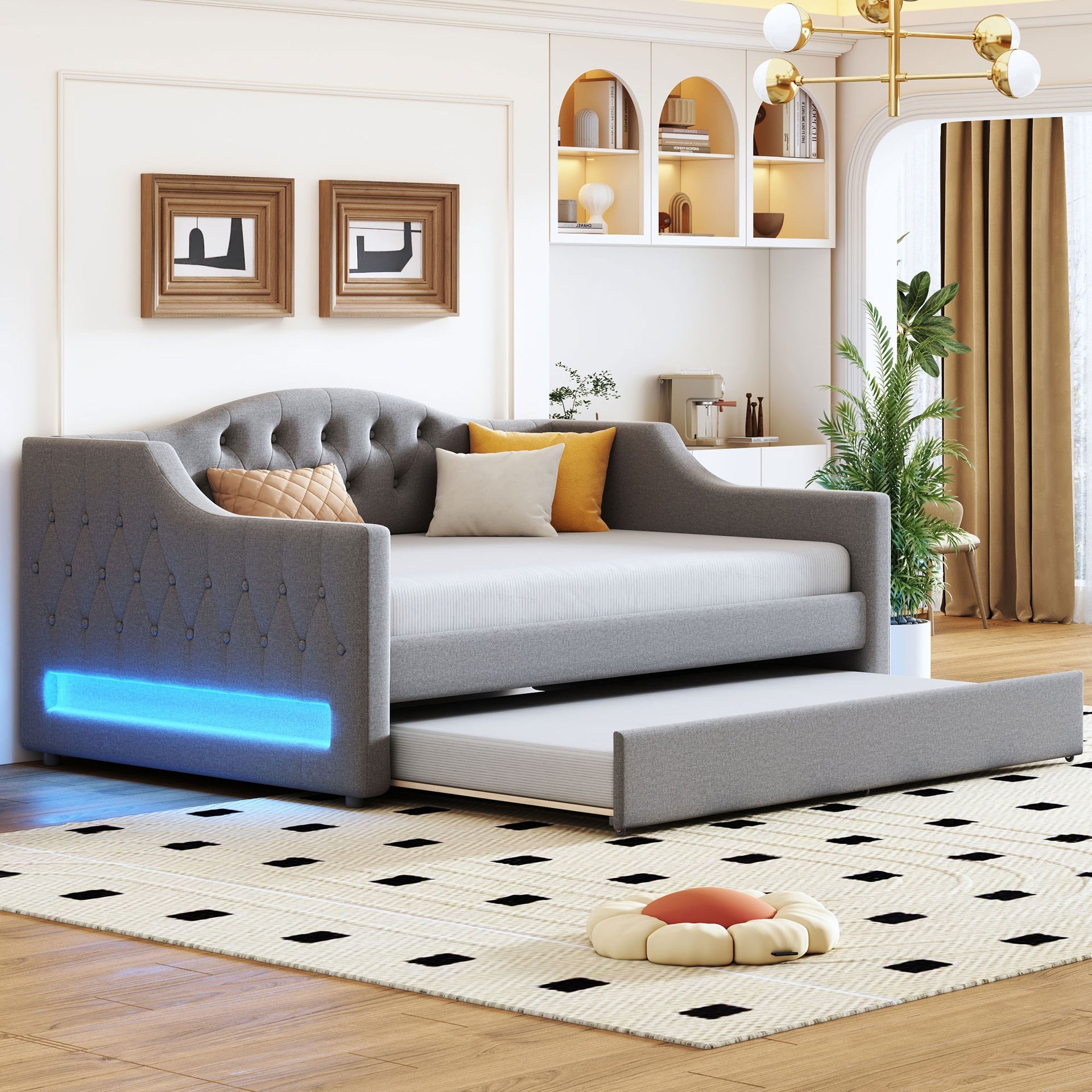 Upholstered Full XL Size Daybed with LED Belt and Trundle, Gray