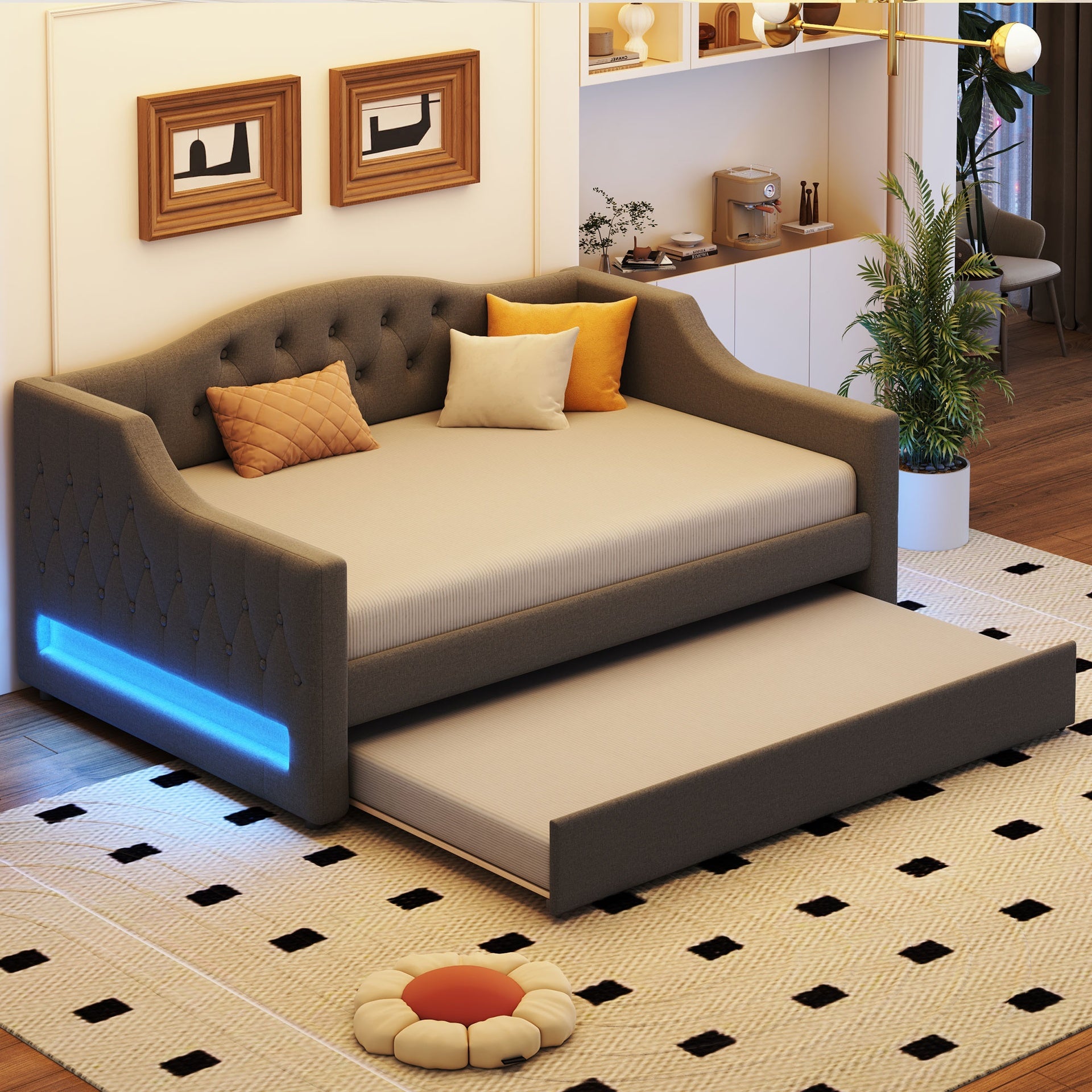 Upholstered Full XL Size Daybed with LED Belt and Trundle, Gray