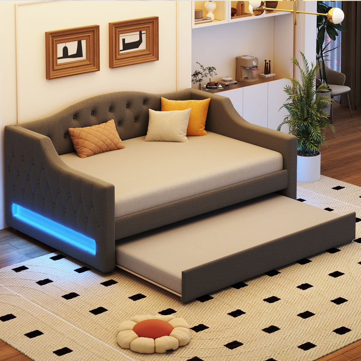 Upholstered Full XL Size Daybed with LED Belt and Trundle, Gray