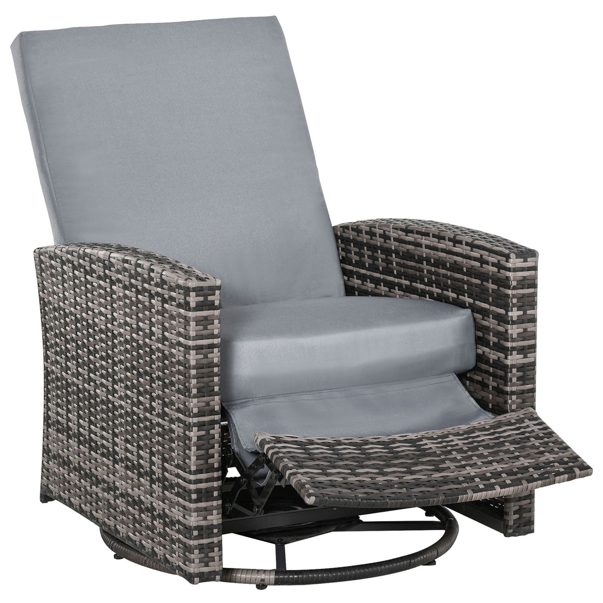 Outsunny Outdoor Wicker Swivel Recliner Chair, Reclining Backrest, Lifting Footrest, 360° Rotating Basic, Water Resistant Cushions for Patio, Gray