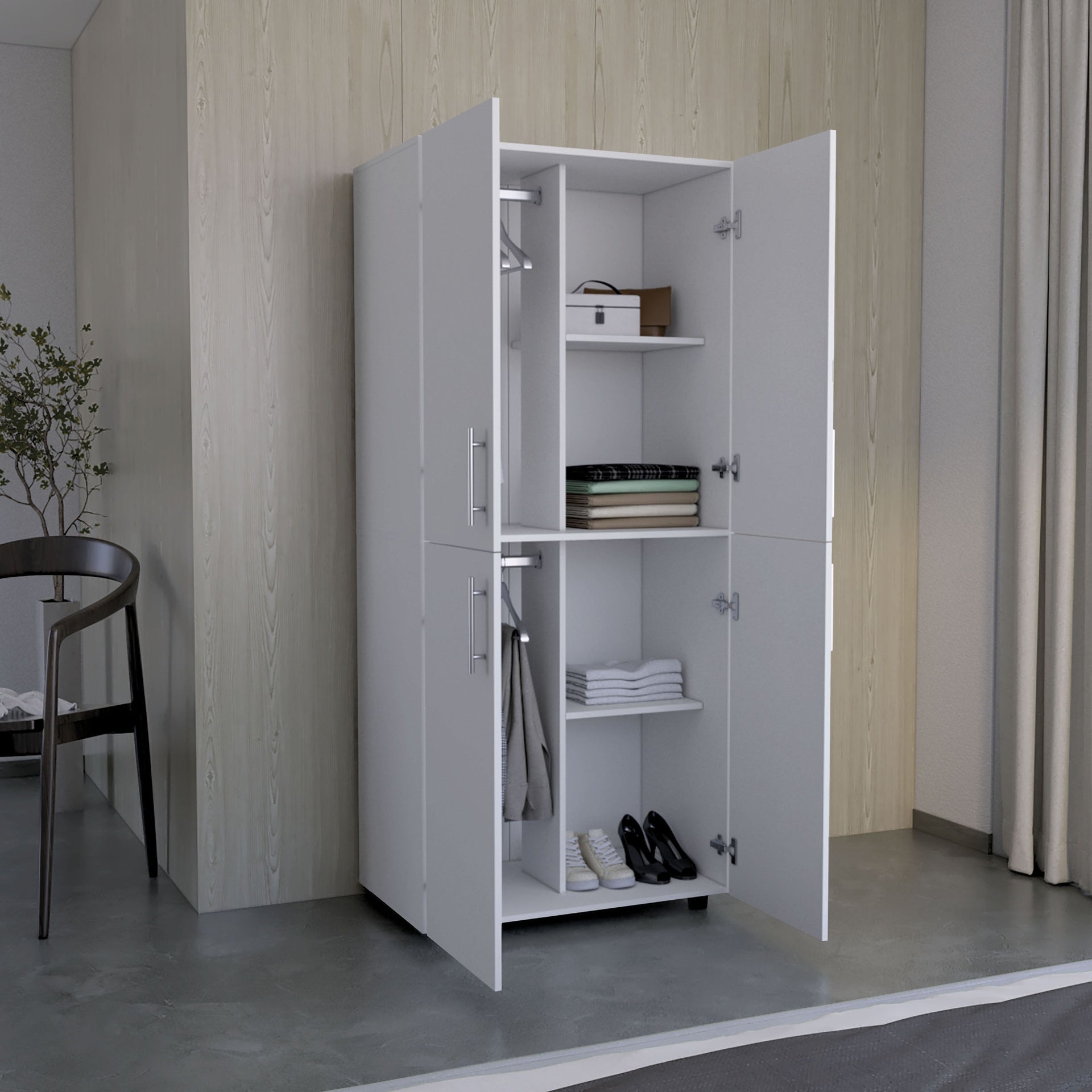 Armoire Wardrove 70" H, Double Doors, 6 Shelves, 2 Hanging Rods, White