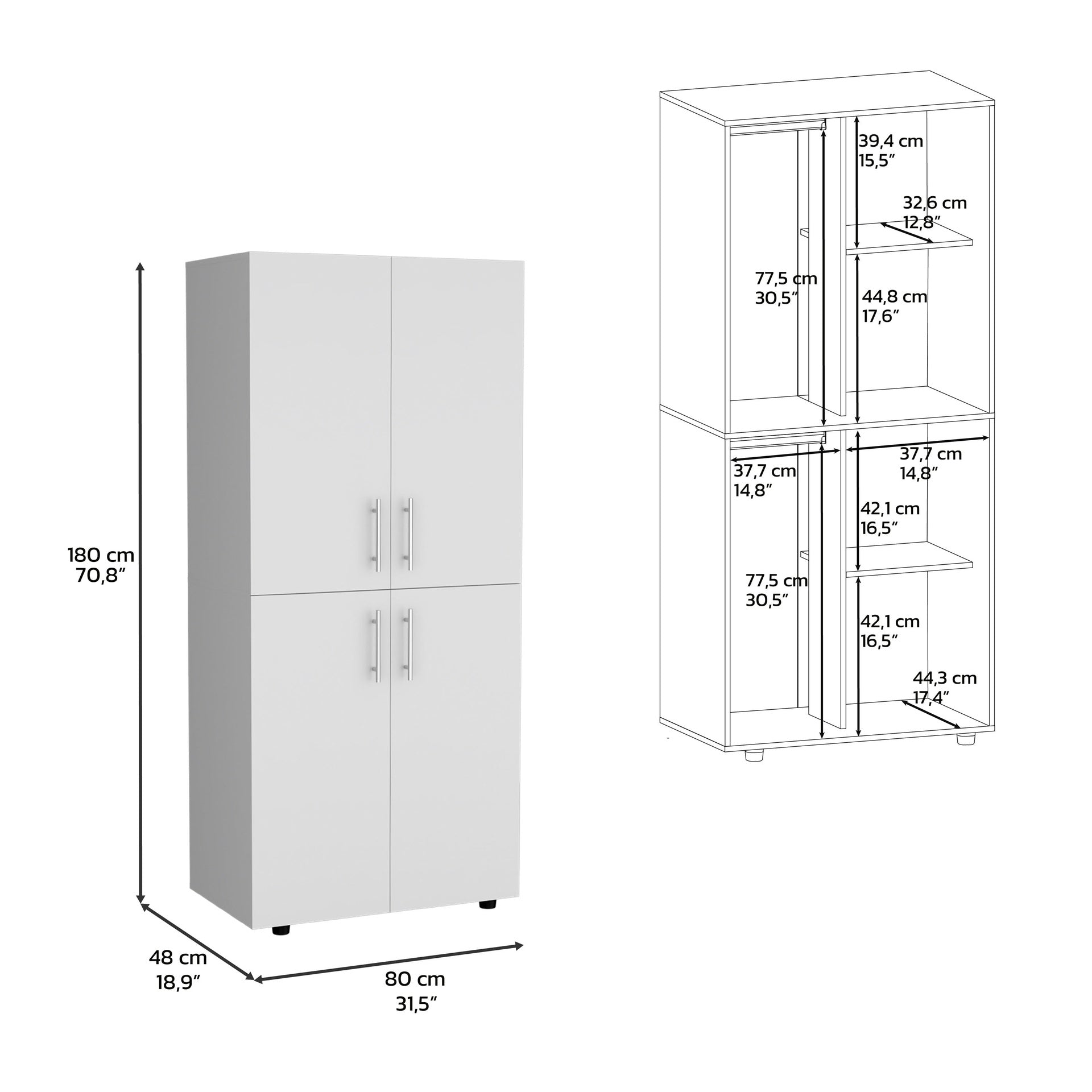 Armoire Wardrove 70" H, Double Doors, 6 Shelves, 2 Hanging Rods, White