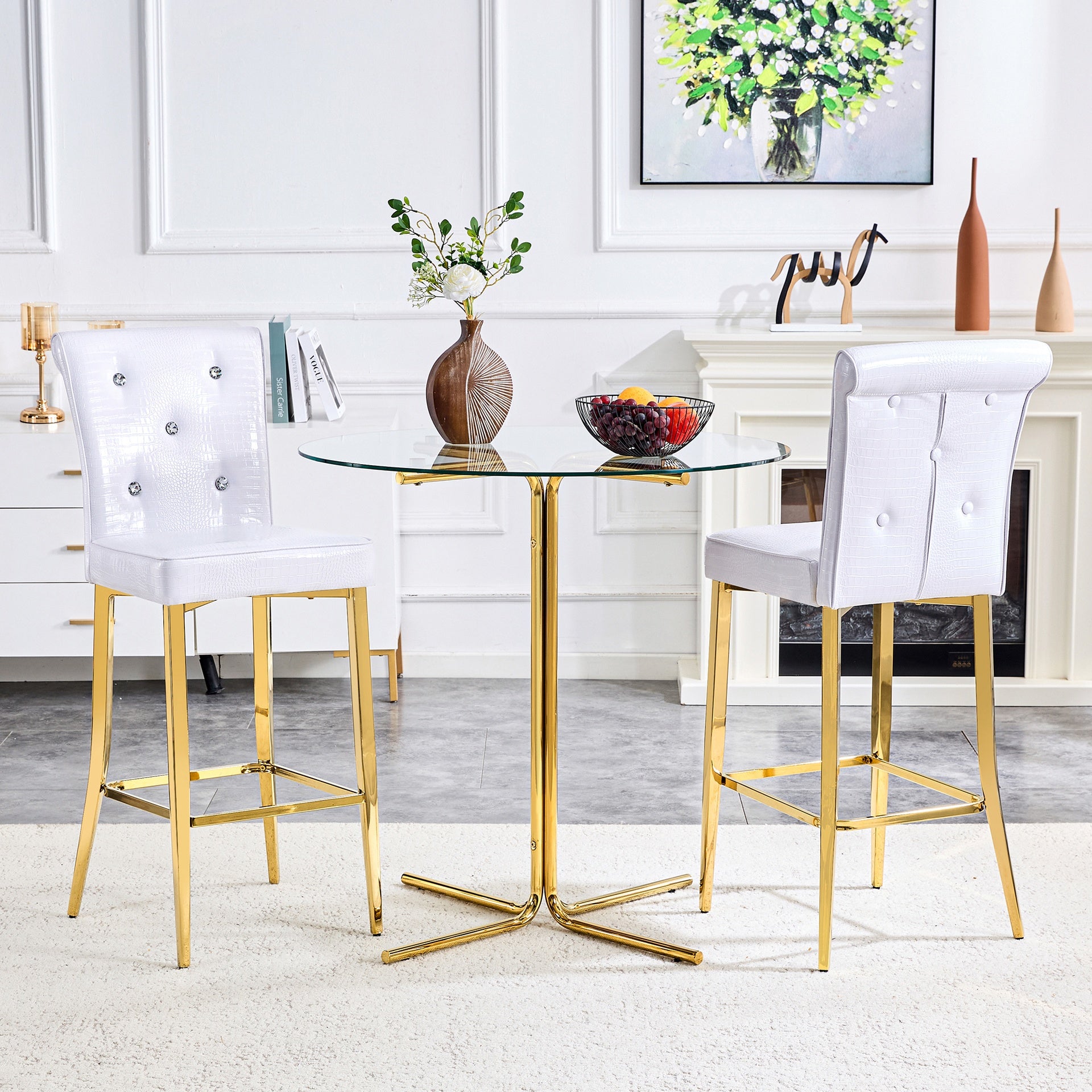A set of 2 white and gold vintage crocodile leather bar chairs, featuring crystal clasp design and synthetic leather design, adding a touch of elegance and mystery to the dining area
