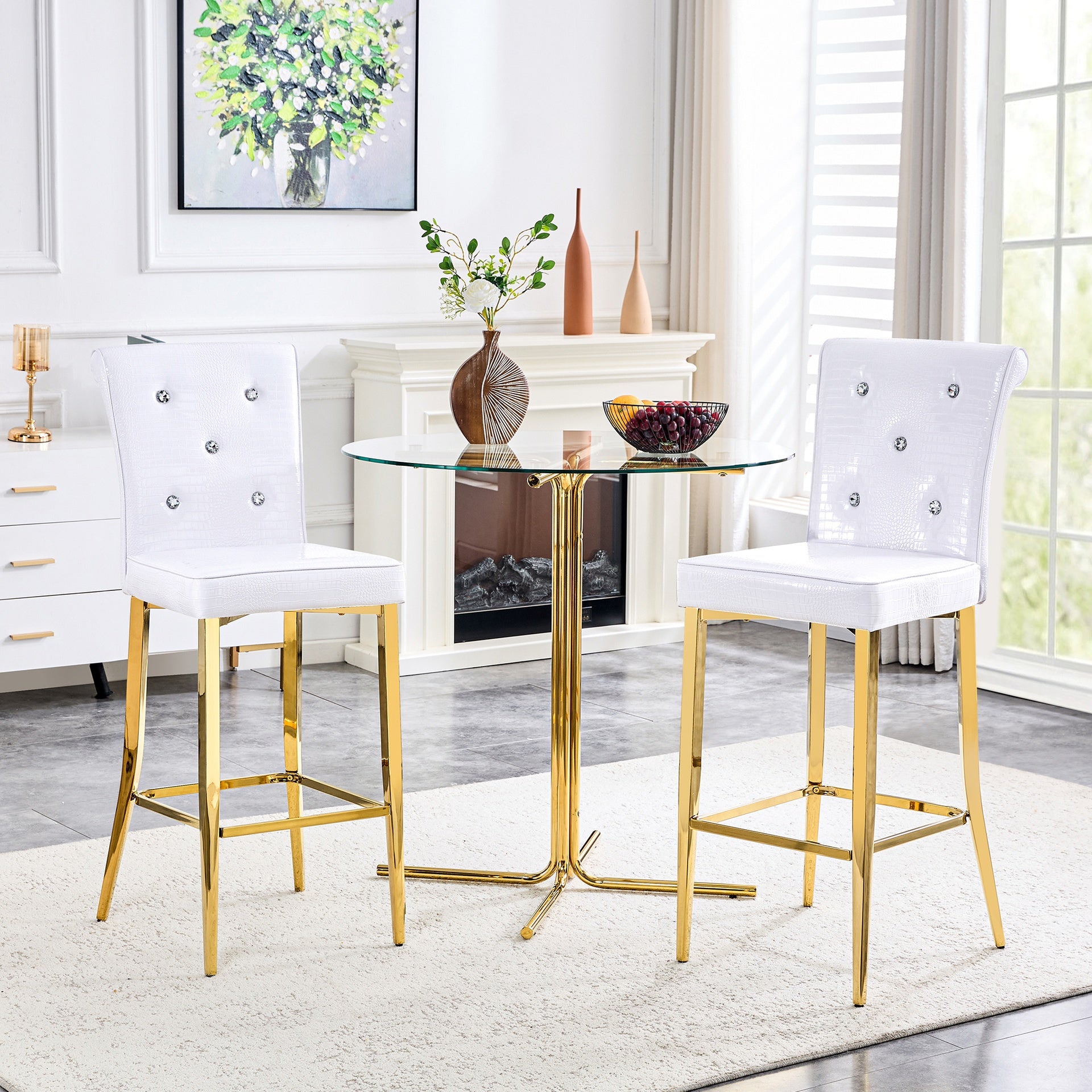 A set of 2 white and gold vintage crocodile leather bar chairs, featuring crystal clasp design and synthetic leather design, adding a touch of elegance and mystery to the dining area