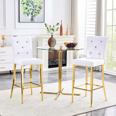 A set of 2 white and gold vintage crocodile leather bar chairs, featuring crystal clasp design and synthetic leather design, adding a touch of elegance and mystery to the dining area