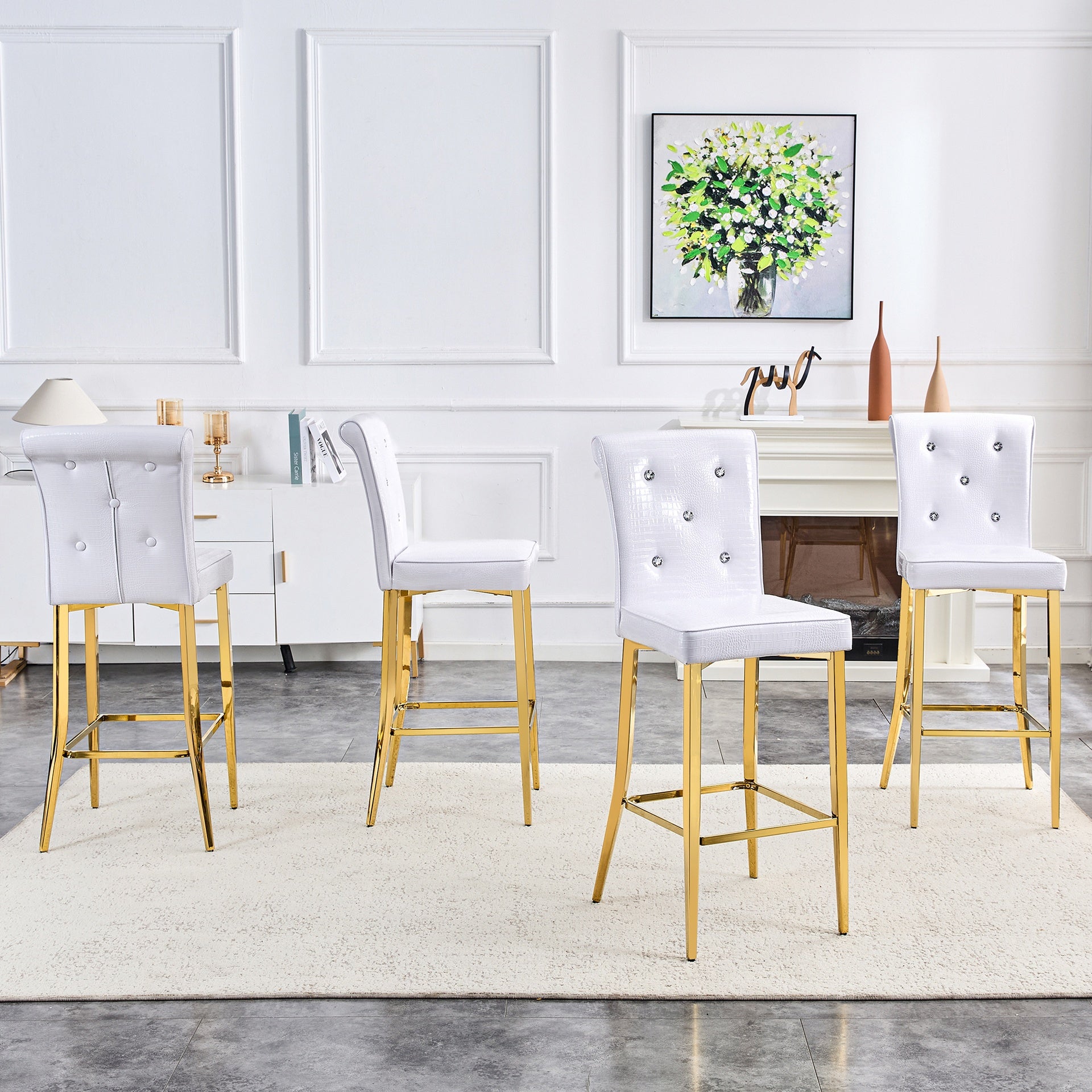 A set of 2 white and gold vintage crocodile leather bar chairs, featuring crystal clasp design and synthetic leather design, adding a touch of elegance and mystery to the dining area