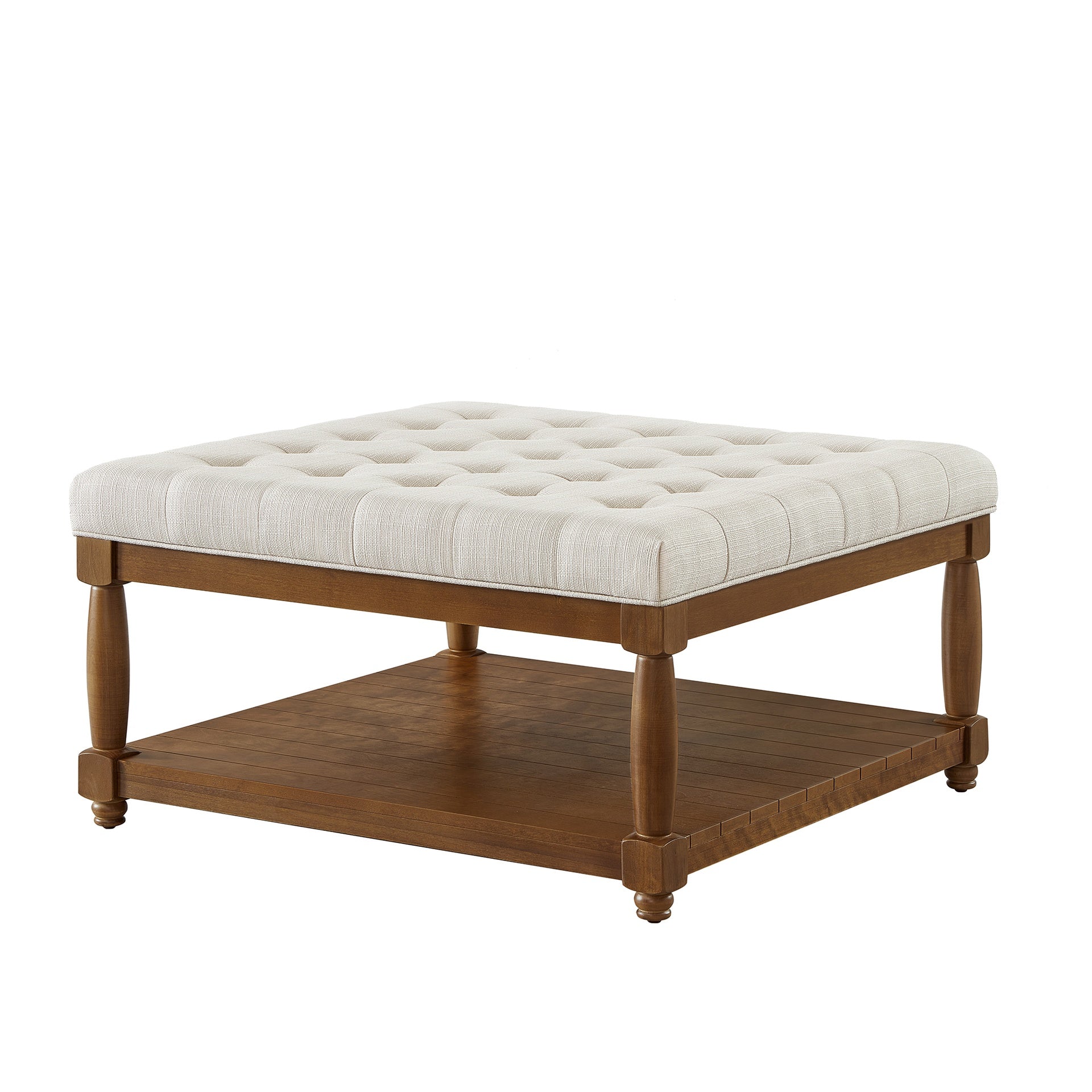 Large Square Upholstered Tufted Linen Ottoman Coffee Table, Large Footrest Ottoman with Solid Wood Shelf- Ivory