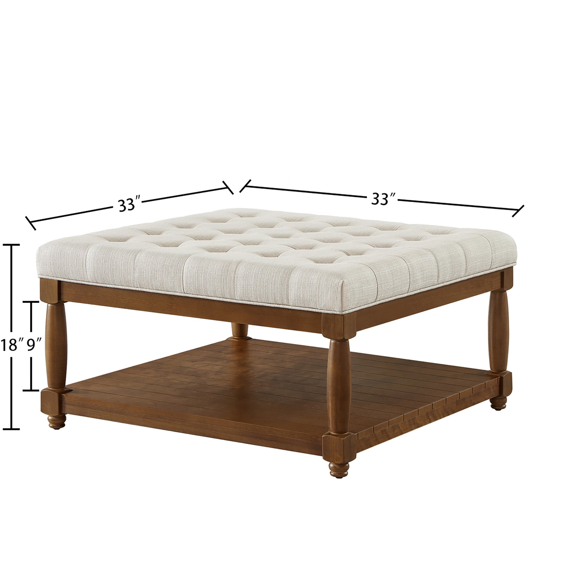 Large Square Upholstered Tufted Linen Ottoman Coffee Table, Large Footrest Ottoman with Solid Wood Shelf- Ivory