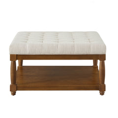 Large Square Upholstered Tufted Linen Ottoman Coffee Table, Large Footrest Ottoman with Solid Wood Shelf- Ivory