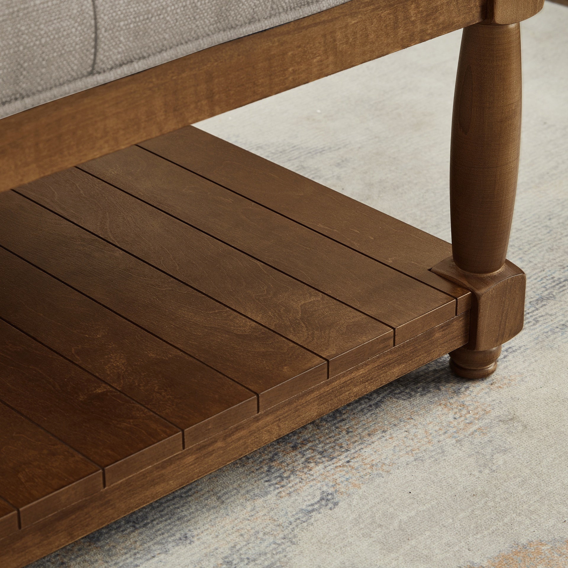 Large Square Upholstered Tufted Linen Ottoman Coffee Table, Large Footrest Ottoman with Solid Wood Shelf- Linen