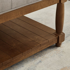 Large Square Upholstered Tufted Linen Ottoman Coffee Table, Large Footrest Ottoman with Solid Wood Shelf- Linen