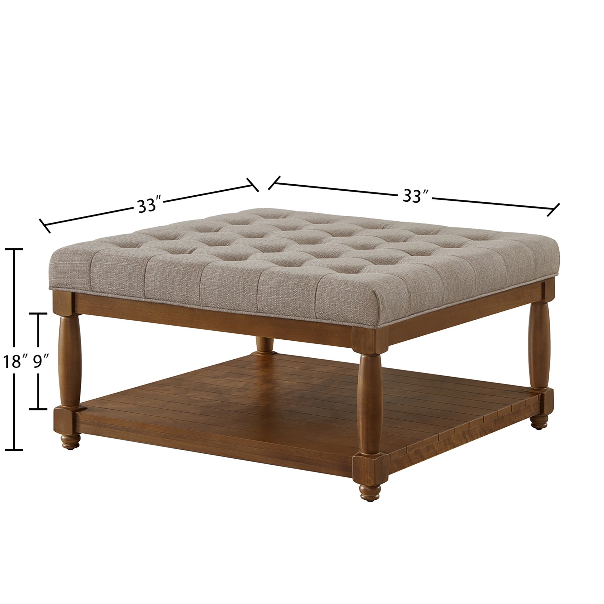 Large Square Upholstered Tufted Linen Ottoman Coffee Table, Large Footrest Ottoman with Solid Wood Shelf- Linen