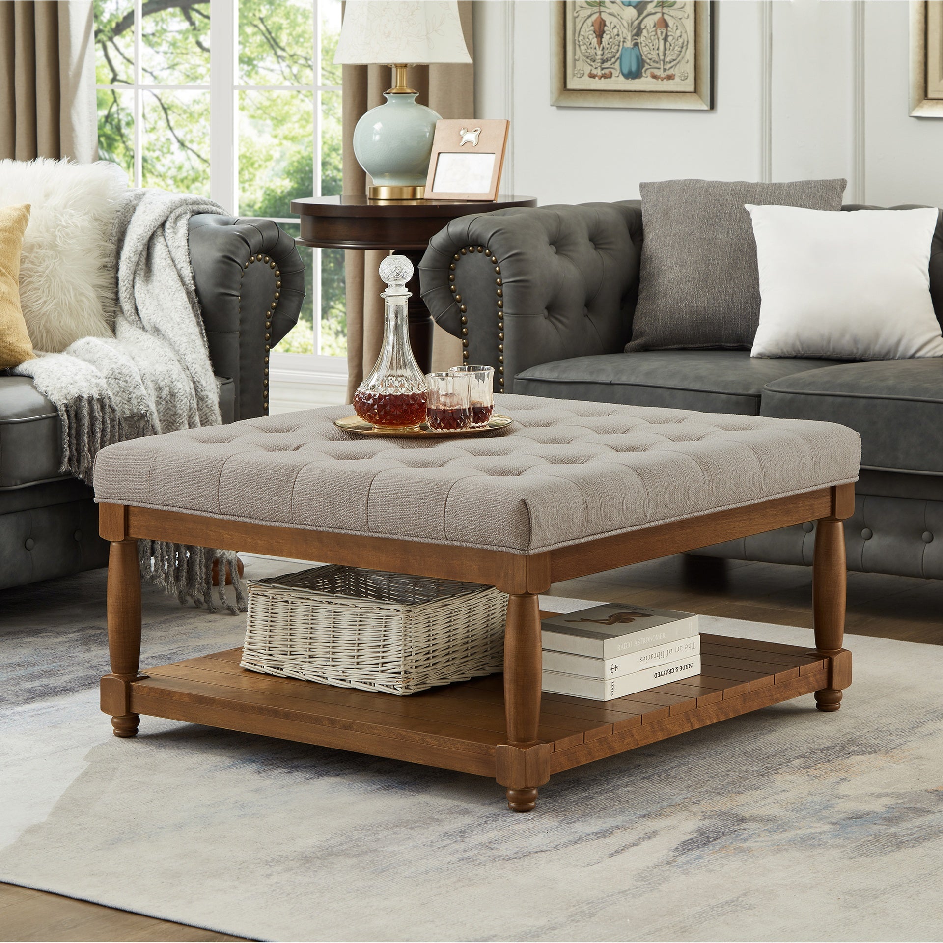 Large Square Upholstered Tufted Linen Ottoman Coffee Table, Large Footrest Ottoman with Solid Wood Shelf- Linen