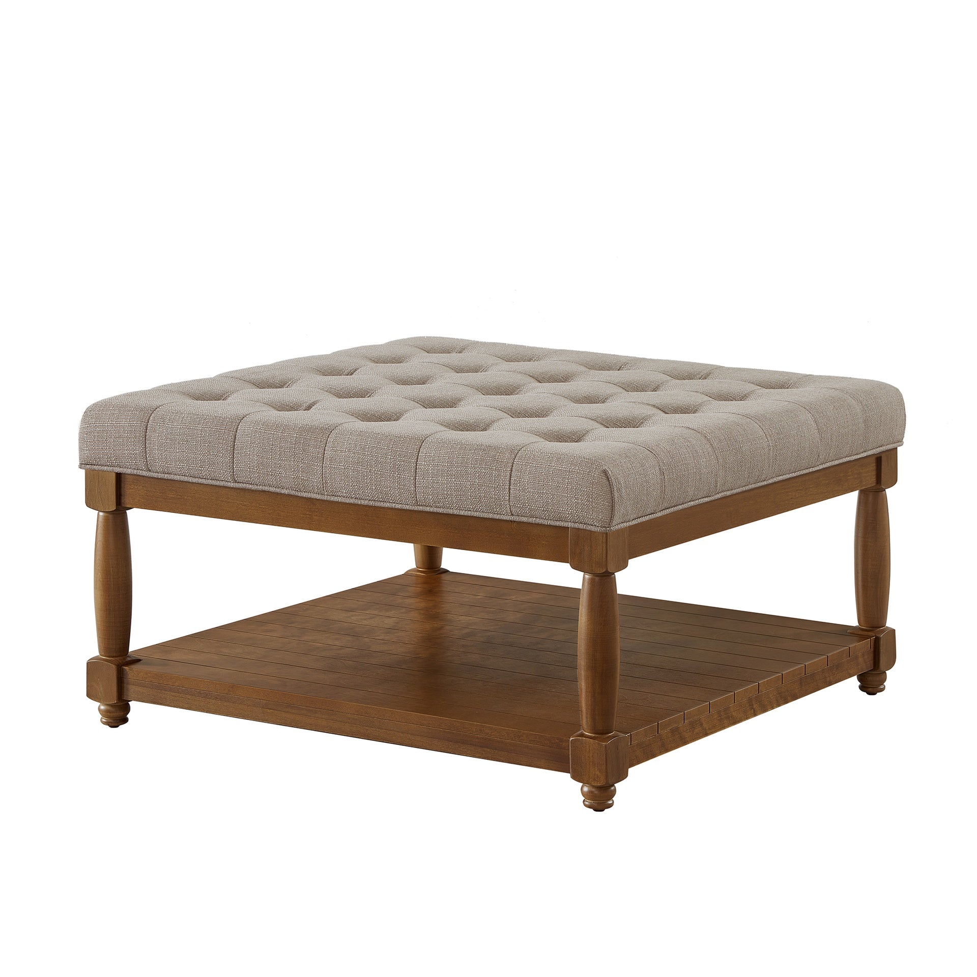 Large Square Upholstered Tufted Linen Ottoman Coffee Table, Large Footrest Ottoman with Solid Wood Shelf- Linen