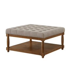 Large Square Upholstered Tufted Linen Ottoman Coffee Table, Large Footrest Ottoman with Solid Wood Shelf- Linen