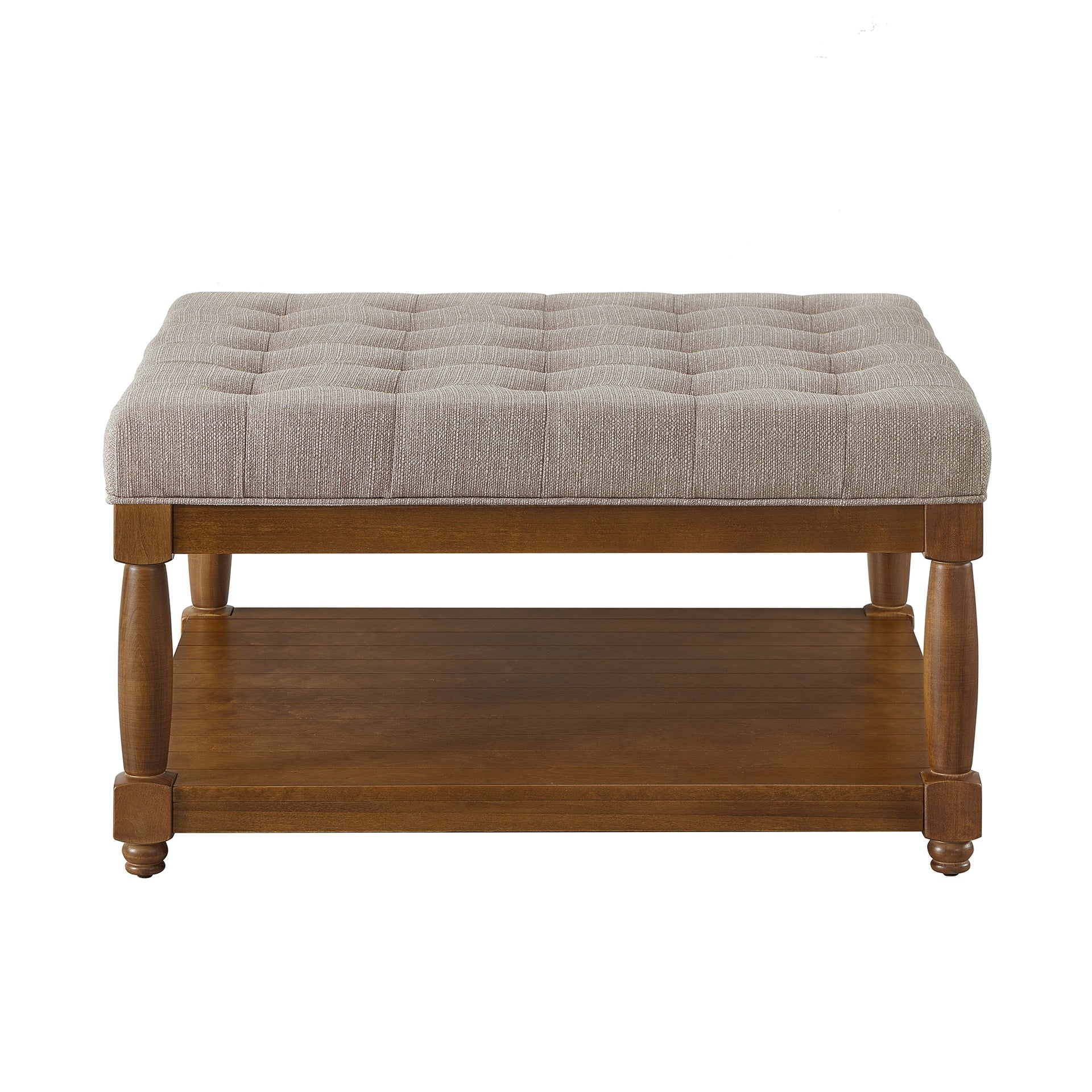 Large Square Upholstered Tufted Linen Ottoman Coffee Table, Large Footrest Ottoman with Solid Wood Shelf- Linen