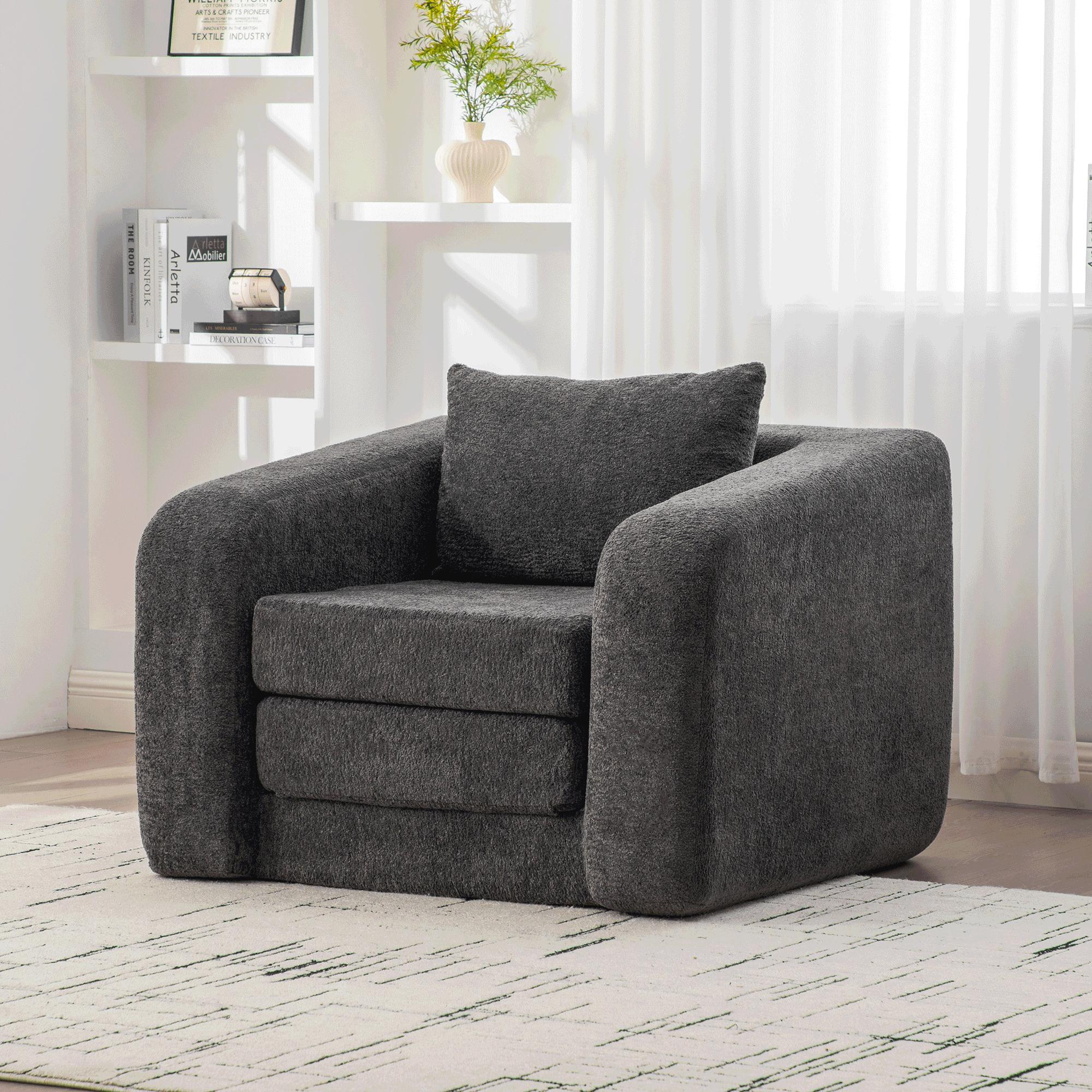 40" Foldable Single Sofa Bed with Armrest & Backrest, Convertible Chenille Boneless Cloud Floor Mattress Sleeper Lounge Accent Chair with Pillow for Apartment Living Room Bedroom Dorm Guestroom, Gray