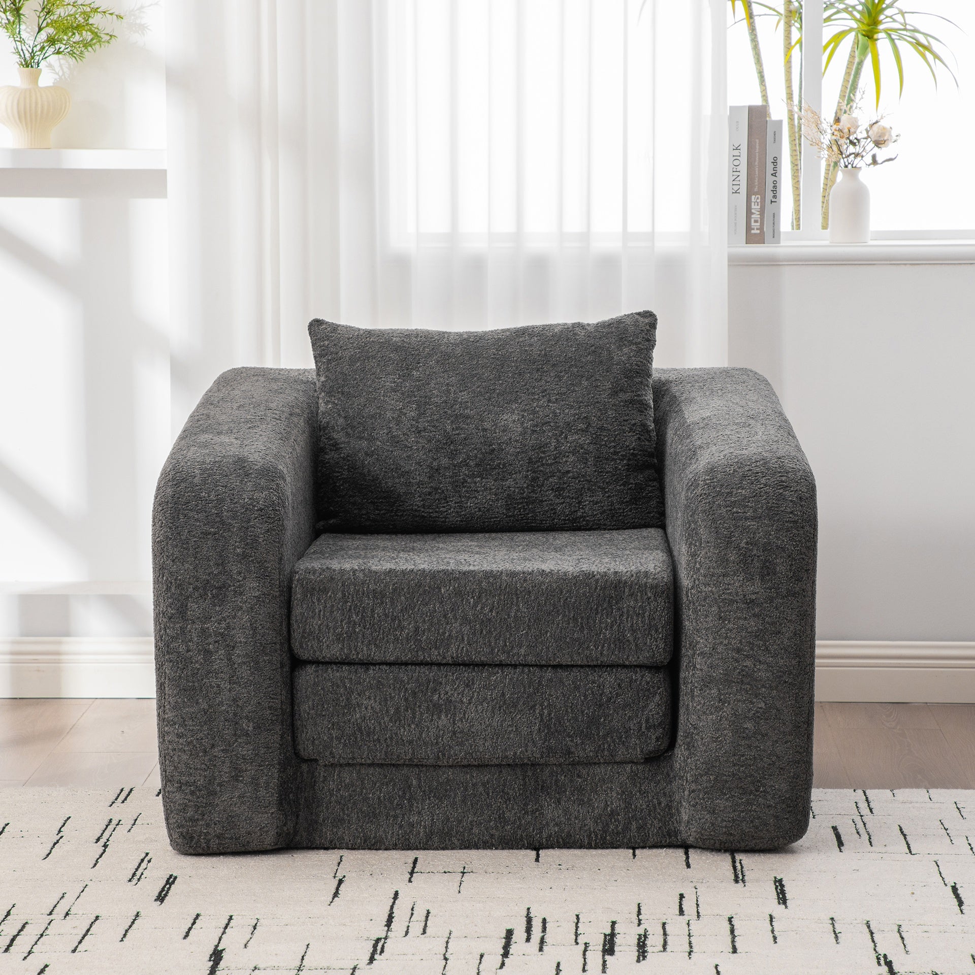 40" Foldable Single Sofa Bed with Armrest & Backrest, Convertible Chenille Boneless Cloud Floor Mattress Sleeper Lounge Accent Chair with Pillow for Apartment Living Room Bedroom Dorm Guestroom, Gray