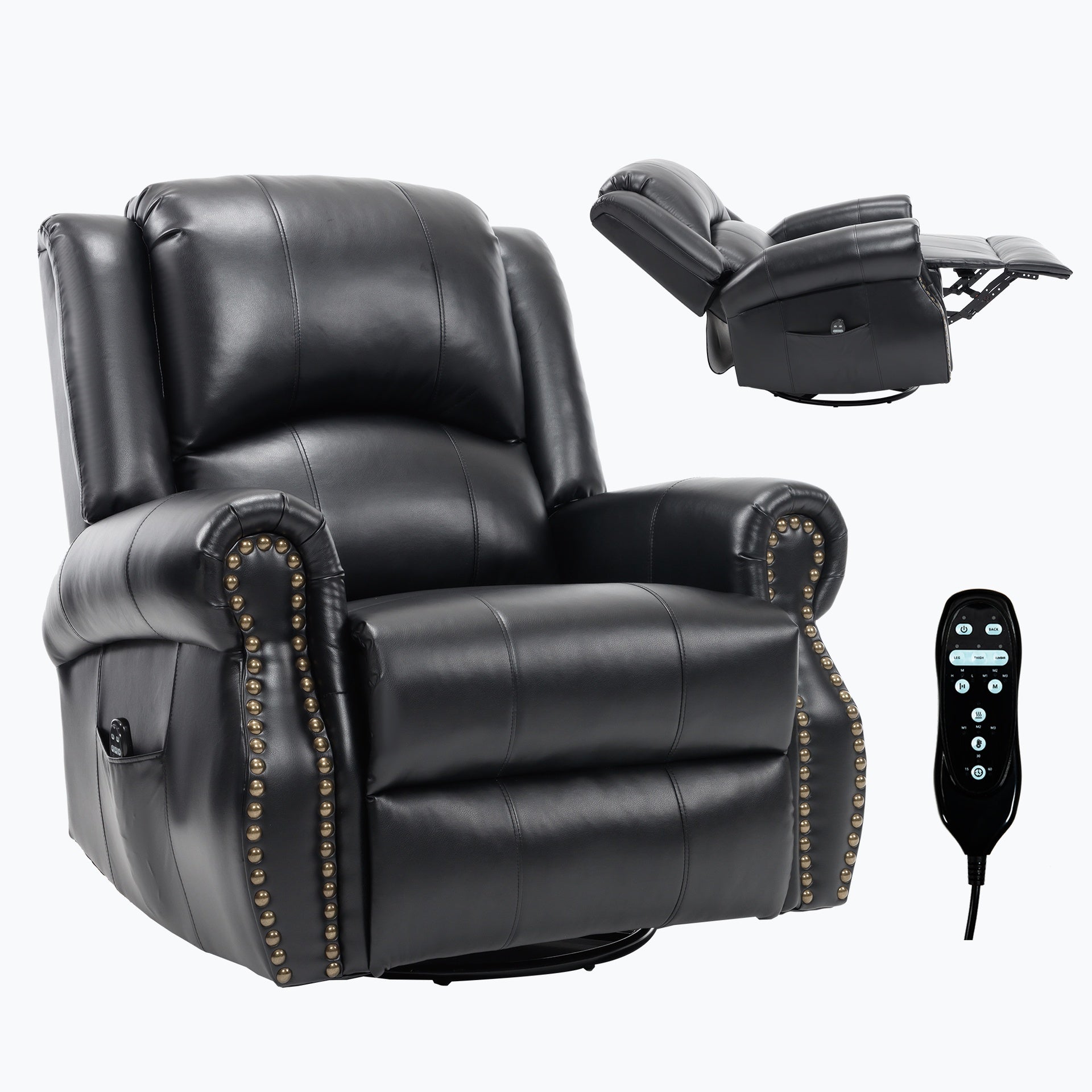 Heat Massage Manual Recliner Chair with Rocker and Swivel in Fabric for Living Room, Black