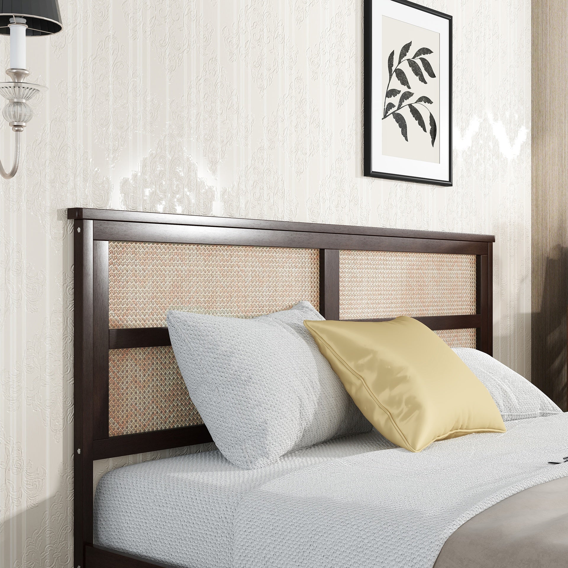 King Size Bed with Rattan Headboard, Two Storage Drawers, Rubber Wood Bed with Enhanced  Support Slats and Feet,Espresso