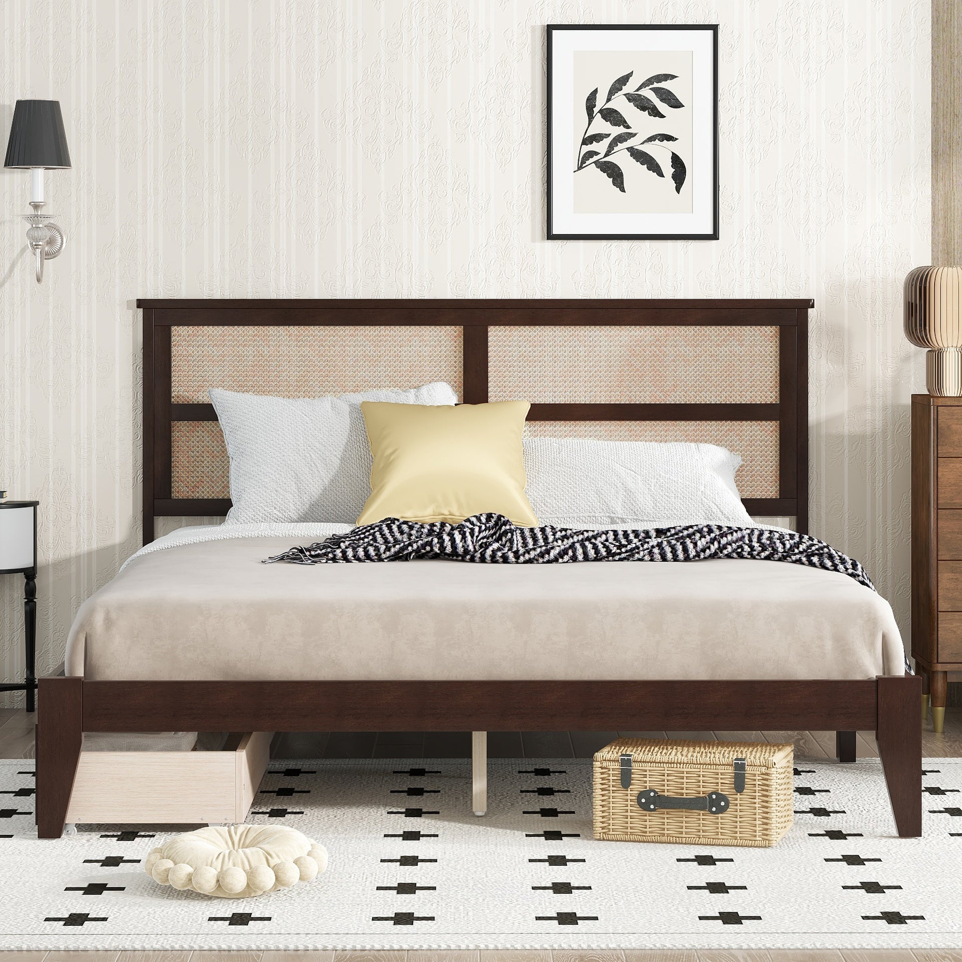 King Size Bed with Rattan Headboard, Two Storage Drawers, Rubber Wood Bed with Enhanced  Support Slats and Feet,Espresso