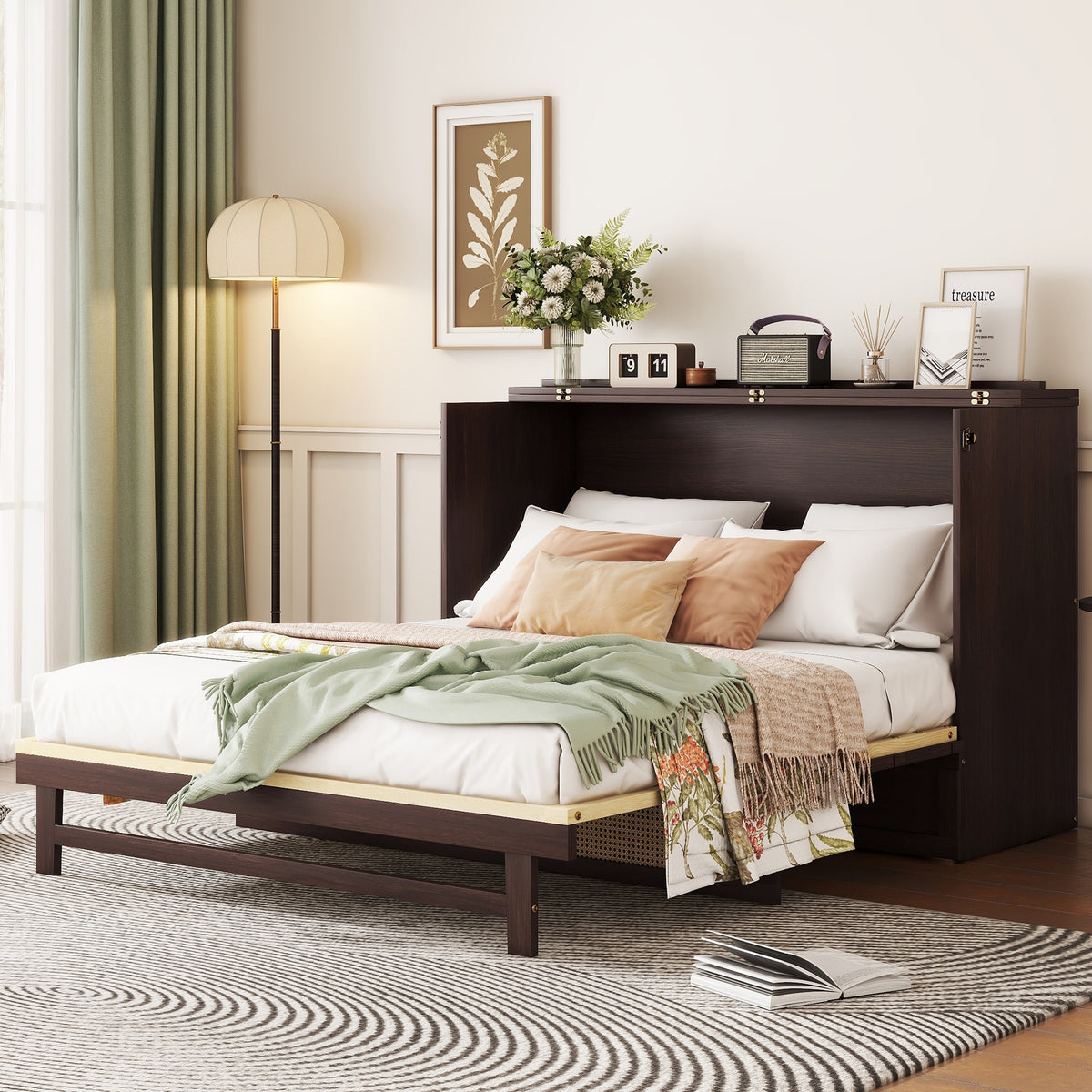 Queen Size Murphy Bed, Pine Wood Cabinet Bed with Rattan Decoration and Storage Drawer,Espresso
