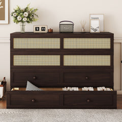 Queen Size Murphy Bed, Pine Wood Cabinet Bed with Rattan Decoration and Storage Drawer,Espresso