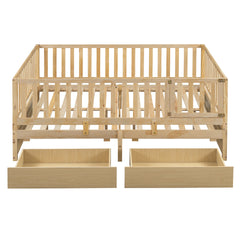 Full Size Wood Daybed with Fence Guardrails and 2 Drawers, Split into Independent Floor Bed & Daybed, Natural(OLD SKU :LP000882AAN)