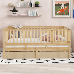 Full Size Wood Daybed with Fence Guardrails and 2 Drawers, Split into Independent Floor Bed & Daybed, Natural(OLD SKU :LP000882AAN)