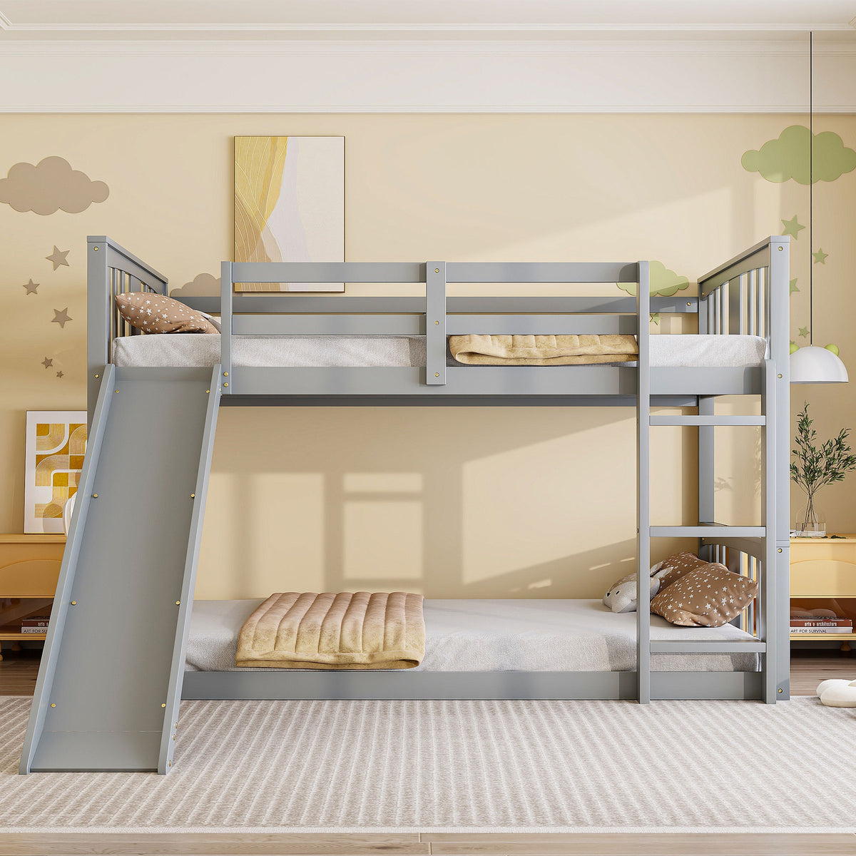 Twin Over Twin Bunk Bed with Slide and Ladder, Gray (Old SKU:LT000108AAE)