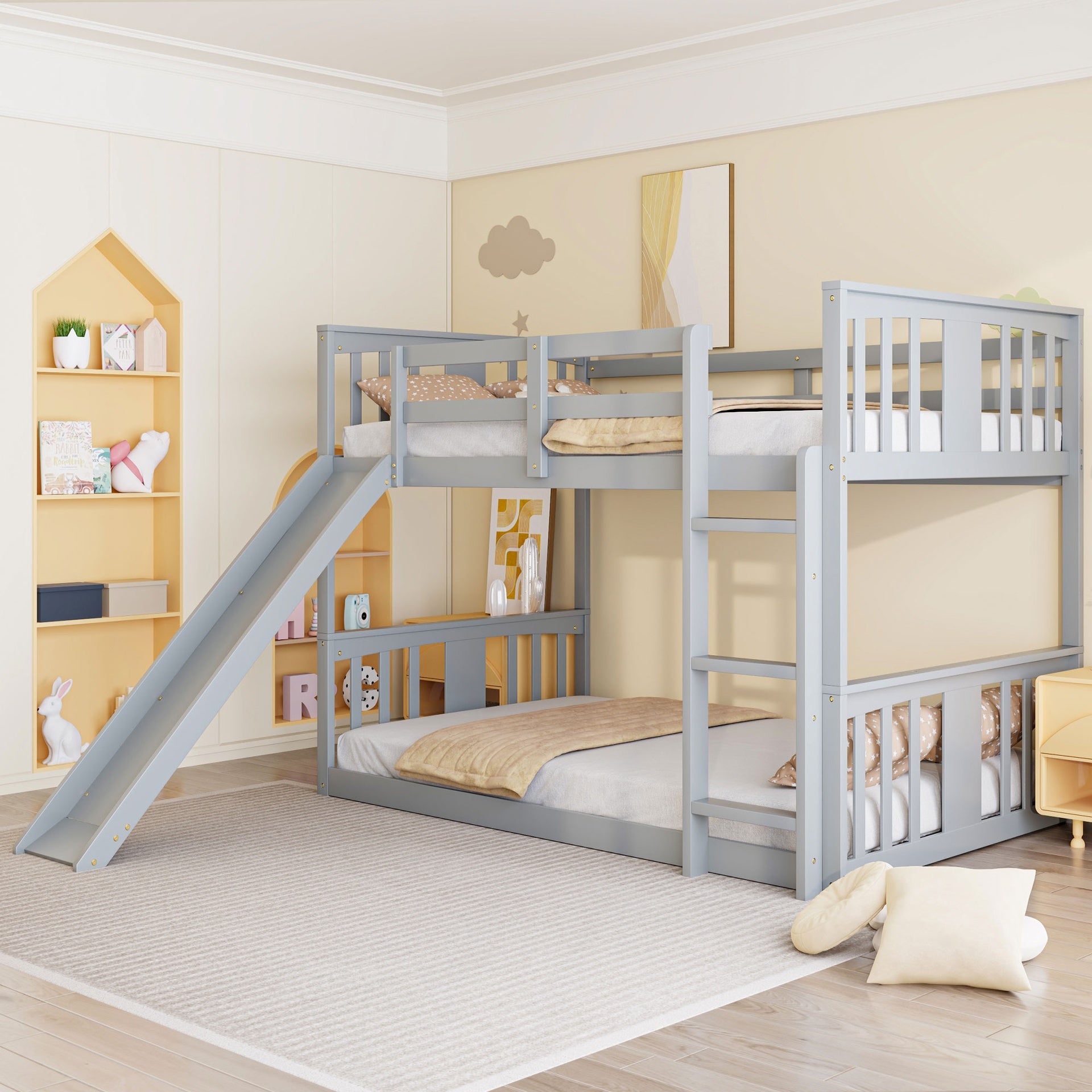 Twin Over Twin Bunk Bed with Slide and Ladder, Gray (Old SKU:LT000108AAE)