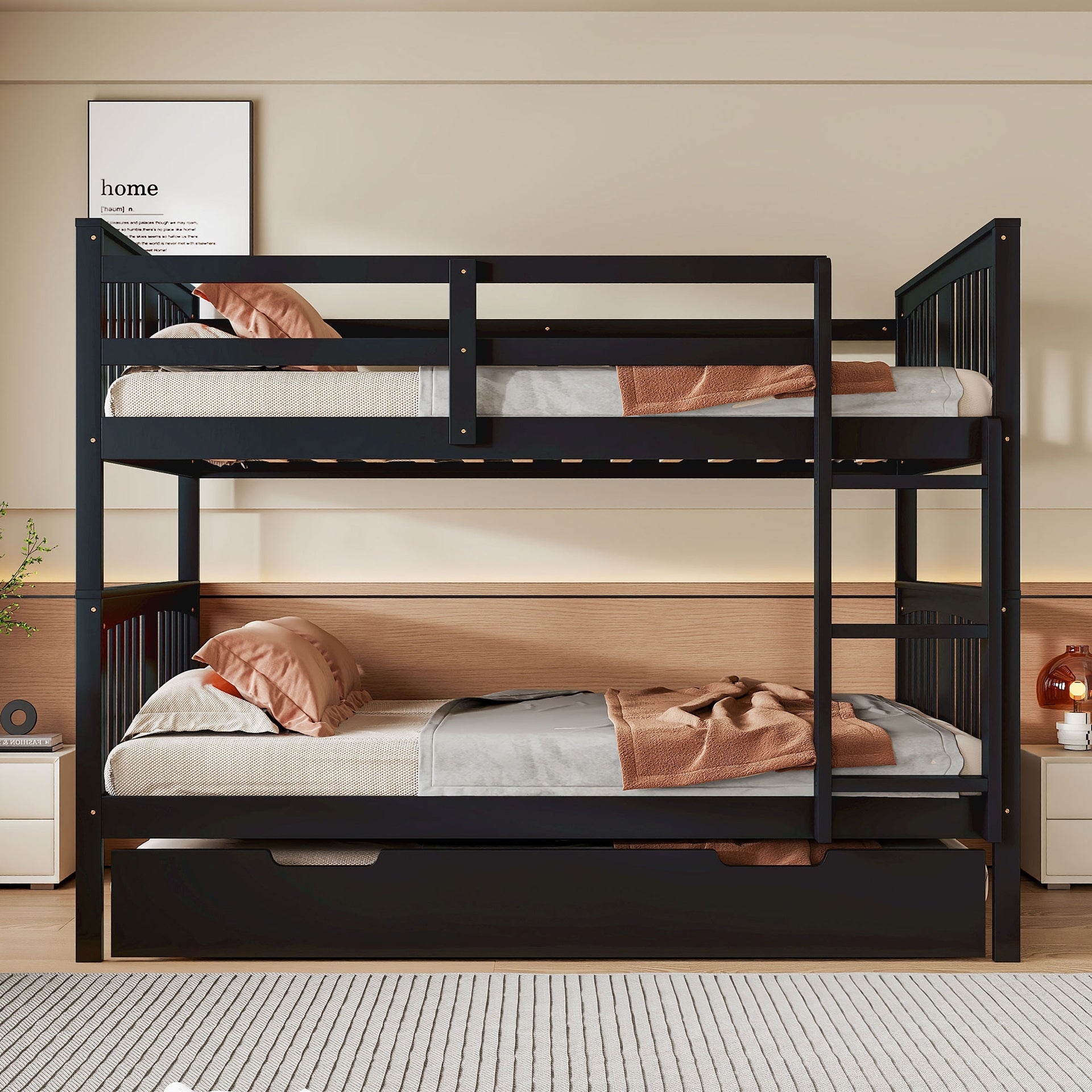 Full over Full Bunk Bed with Twin Size Trundle and Ladder -Espresso