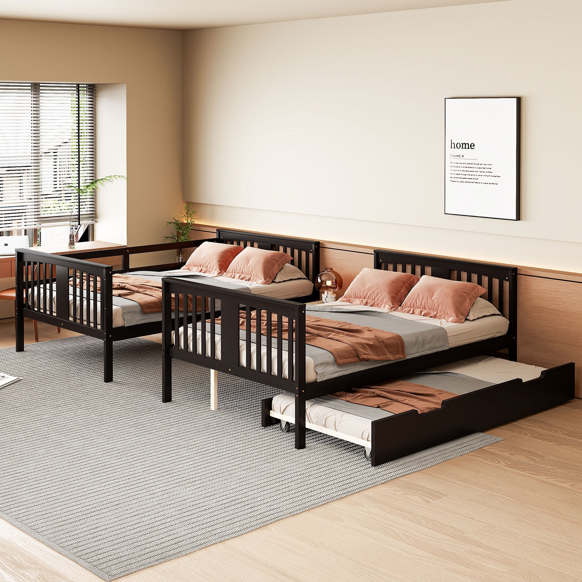 Full over Full Bunk Bed with Twin Size Trundle and Ladder -Espresso