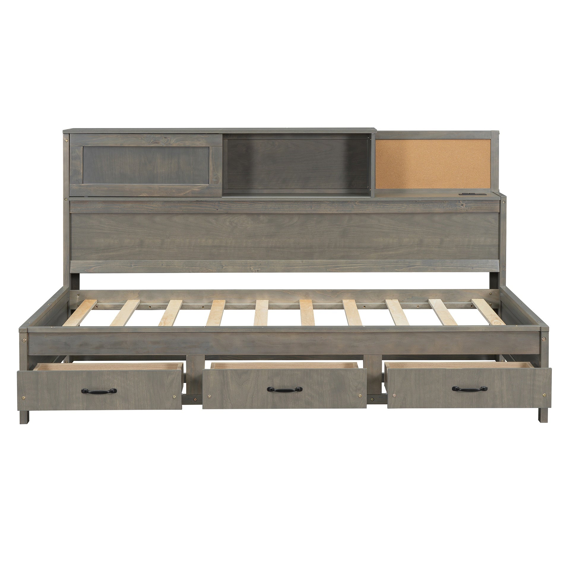 Twin Size Wooden Daybed with 3 Storage Drawers, Upper Soft Board, shelf, and a set of Sockets and USB Ports, Gray