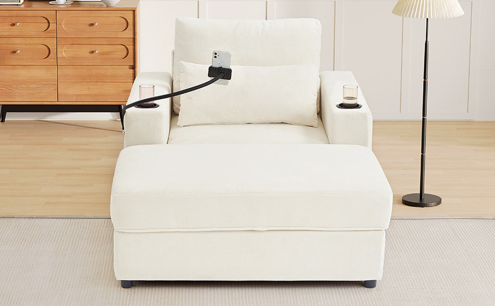 Modern Style Armchair 42.5" Chaise Lounge Sofa Couch with a Movable Storage Ottoman, Two USB Ports, Two Cup Holders, a Phone Holder and Side Pockets for Living Room, Beige