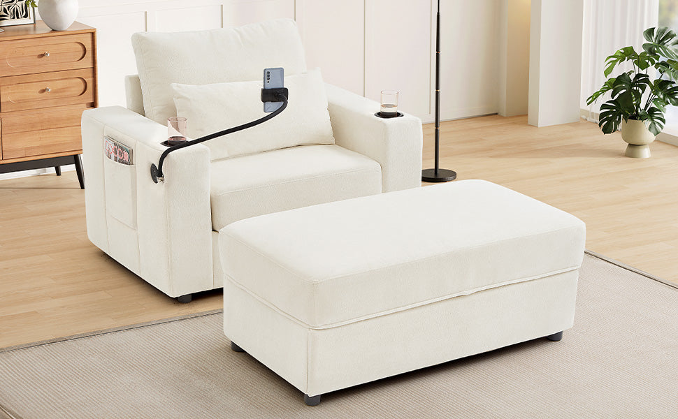 Modern Style Armchair 42.5" Chaise Lounge Sofa Couch with a Movable Storage Ottoman, Two USB Ports, Two Cup Holders, a Phone Holder and Side Pockets for Living Room, Beige
