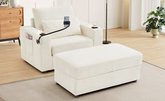 Modern Style Armchair 42.5" Chaise Lounge Sofa Couch with a Movable Storage Ottoman, Two USB Ports, Two Cup Holders, a Phone Holder and Side Pockets for Living Room, Beige
