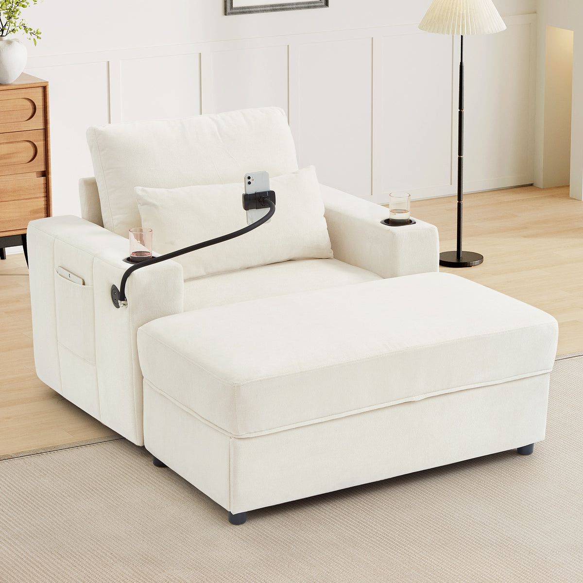Modern Style Armchair 42.5" Chaise Lounge Sofa Couch with a Movable Storage Ottoman, Two USB Ports, Two Cup Holders, a Phone Holder and Side Pockets for Living Room, Beige