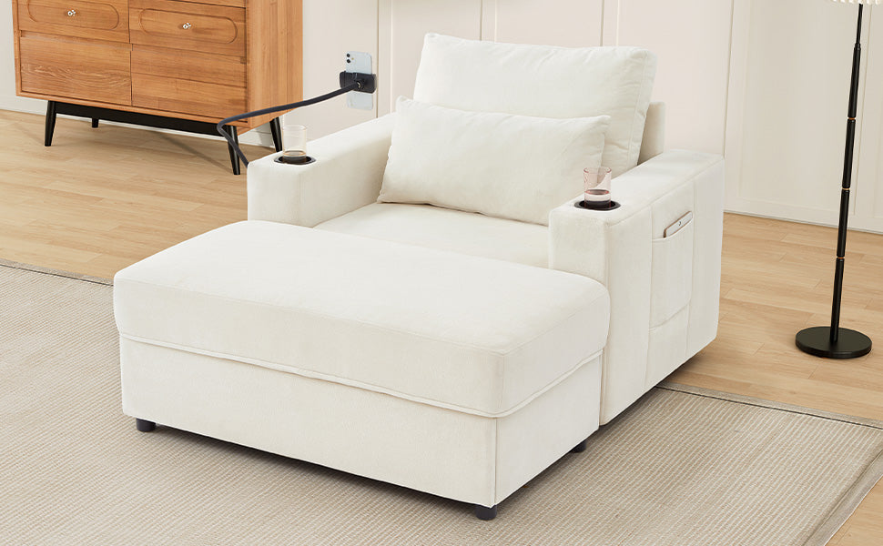 Modern Style Armchair 42.5" Chaise Lounge Sofa Couch with a Movable Storage Ottoman, Two USB Ports, Two Cup Holders, a Phone Holder and Side Pockets for Living Room, Beige