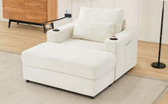 Modern Style Armchair 42.5" Chaise Lounge Sofa Couch with a Movable Storage Ottoman, Two USB Ports, Two Cup Holders, a Phone Holder and Side Pockets for Living Room, Beige