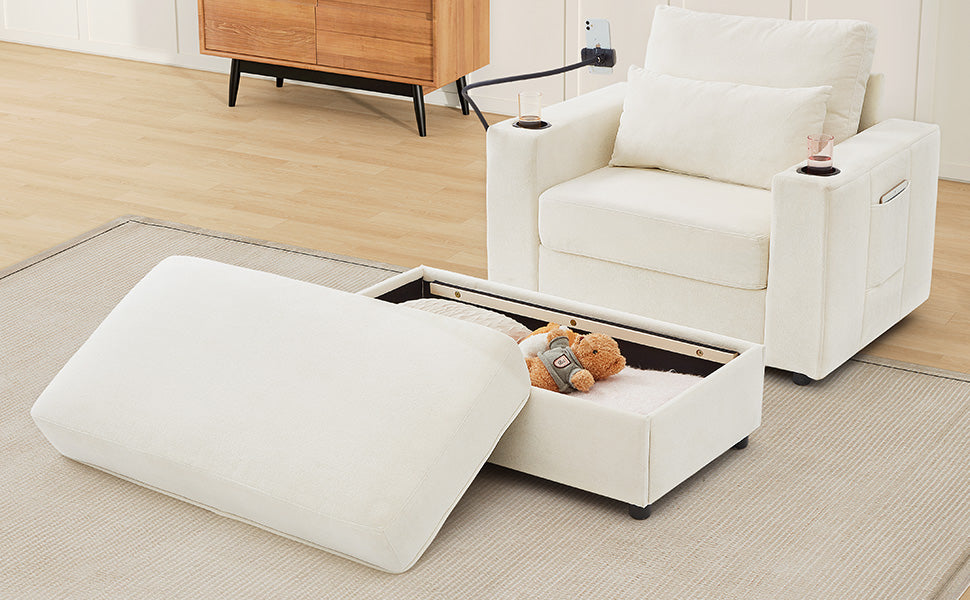 Modern Style Armchair 42.5" Chaise Lounge Sofa Couch with a Movable Storage Ottoman, Two USB Ports, Two Cup Holders, a Phone Holder and Side Pockets for Living Room, Beige